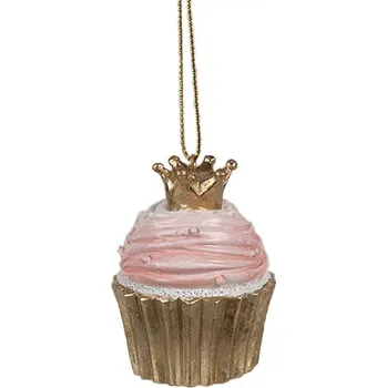 Vánoční ozdoba Růžová vánoční ozdoba zlatý dortík Cupcake s růžovou polevou a zlatou korunou – 4x6 cm