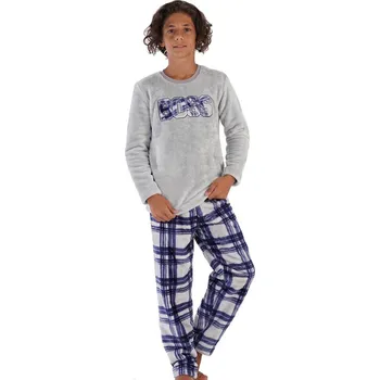 Chlapecké oblečení Šedé i modré kárované extra teplé huňaté pyžamo klučičí, boy BOOS 1T0434 šedá 170-176-15-16-let