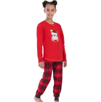 Dívčí pyžamo Červené kárované extra teplé pyžamo holčičí s Medvídkem, 1F0913 červená 146-152-11-12-let