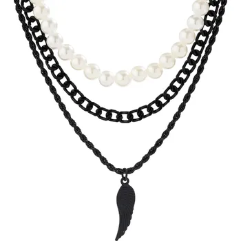 Souprava šperků B-TOP Módní sada náhrdelníků pro muže s perlami a přívěskem Andělské křídlo