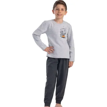 Chlapecké pyžamo Šedé EXTRA hřejivé sportovní pyžamo pro kluky z BAVLNY a obrázkem TRAMVAJE 146-152-11-12-let