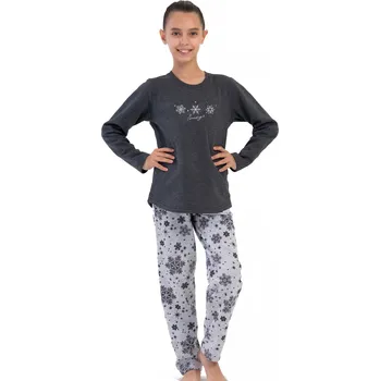 Dámské pyžamo Tmavě šedé extra teplé bavlněné pyžamo holčičí sněhové vločky 1F0940 šedá 134-140-9-10-let