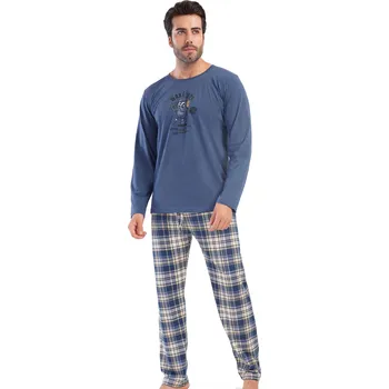 Pánské pyžamo Modré a šedě i žlutě kárované pyžamo pro muže WAKE UP! muzika je můj život 1P1886 modrá l