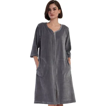 Dámská noční košile Šedý elegantní hřejivý župan na zip ze sametu na kojení do porodnice 1TB0084 šedá m