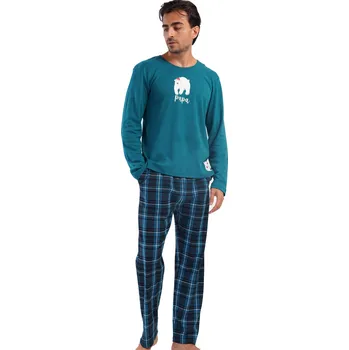 Pánská móda Zelené a šedivě kárované teplé bavlněné pánské pyžamo s ledním medvědem s čepičkou Santa Clause 1P1863 zelená xxl
