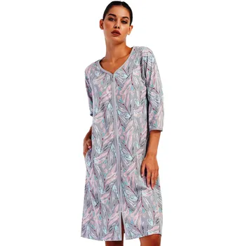 Dámské noční prádlo Šedý župan nebo košilka pro ženy na kojení celopropínací na zip s listím 1XL-4XL 1G0628 šedá 1xl