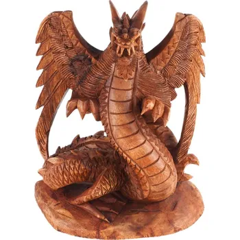 Soška dřevo Drak s roztaženými křídly 30 cm tmavá