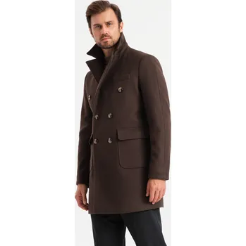 Pánský zimní kabát Pánský dvouřadový kabát s ozdobnými knoflíky - tmavě hnědý V3 OM-COWC-0109 - XL