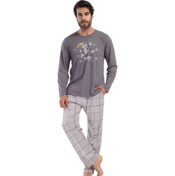 Pánské pyžamo Šedohnědé kárované pyžamo pro muže - zaběhni si na pivko :) běžící pivo v plechu 1P1841 hnědá xxl