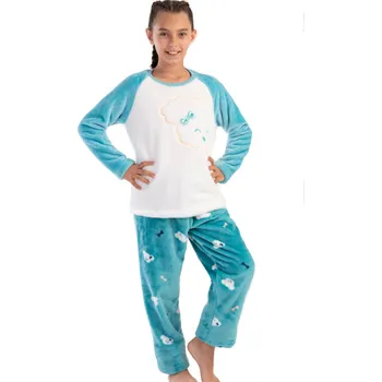 Dámské pyžamo Bílé i azurové a mašličkové extra teplé huňaté pyžamo pro slečny s pejskem 1T0429 bílá 158-164-13-14-let