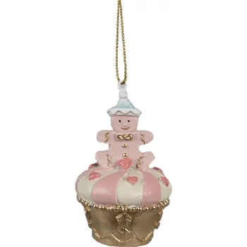 Vánoční ozdoba Růžová vánoční ozdoba perníček sedící na dortíku s polevou a růžovými ozdobami – 5x8 cm