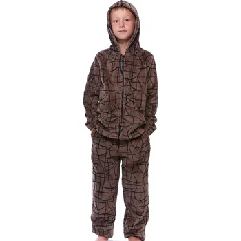 Dámské noční prádlo Extra teplé huňaté pyžamo klučičí hnědé a černě šrafované 1T0461 hnědá 152-12-let