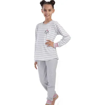 Dámské noční prádlo Extra teplé šedé pruhované pyžamo holčičí zimní kočička 1F0956 šedá 158-164-13-14-let