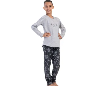 Dívčí pyžamo Šedé extra teplé bavlněné pyžamo holčičí sněhové vločky 1F0941 šedá 146-152-11-12-let