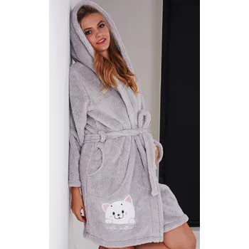Dámský župan Šedý dámský huňatý župan do porodnice na kojení s kočičkou 1Z1711 šedá m
