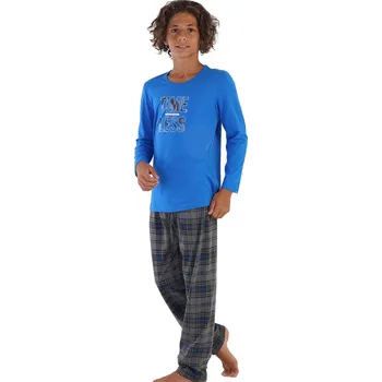 Pánské pyžamo Modré i šedě kárované pyžamo pro větší kluky TIME LESS 1F0902 modrá 134-140-9-10-let