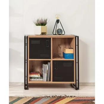 Komoda Industriální komoda 2D HALKIR 89 cm, lamino borovice, kov černý matný lak