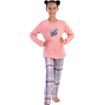 Dámské noční prádlo Růžové i modré kárované teplé pyžamo z bavlny holčičí se srdíčkem ONLY YOU 1F0904 růžová 134-140-9-10-let