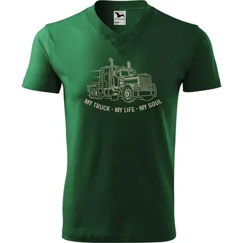Pánské tričko DOBRÝ TRIKO Pánské V tričko s potiskem My truck Velikost: L, Barva: Lahvově zelená