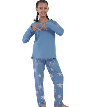 Dámské noční prádlo Extra teplé modré bavlněné pyžamo holčičí s hvězdičkami COOL 1F0951 modrá 170-176-15-16-let