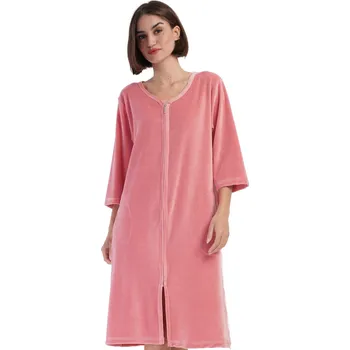 Dámské noční prádlo Růžový elegantní hřejivý dámský župan na zip ze sametu - velur 1TB0085 růžová 4xl