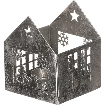 Vánoční dekorace Svícen kovový - tvar domečku, větší, stříbrný