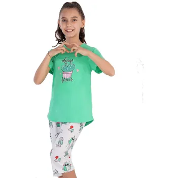 Zelené i šedé dívčí pyžamo s kaktusy 1F0852 zelená 122-128-7-8-let