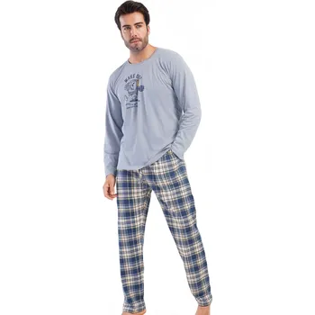 Pánské pyžamo Šedé a žlutě kárované pyžamo pro muže WAKE UP! muzika je můj život 1P1884 šedá m