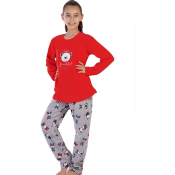 Dámské pyžamo Červené i šedé teplé hřejivé pyžamo holčičí s ušatými plyšáky 1T0448 červená 158-164-13-14-let