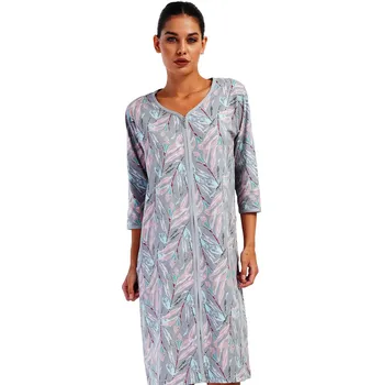 Dámská noční košile Šedý župan nebo košilka pro ženy na kojení celopropínací na zip s listím 1G0624 šedá xl