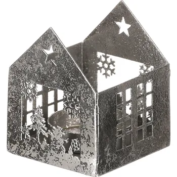 Vánoční dekorace Svícen kovový - tvar domečku, menší, stříbrný