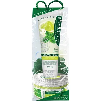 Sprchový gel Naturalis dárkové balení Limetka a Máta, tělový cukrový scrub 300ml + sprchový gel 250ml a síťová houba