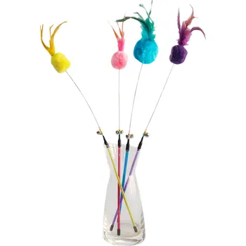 Hračka pro kočku Škádlítko pro kočky bambulka s peříčky, pružné 1ks (různé barvy)