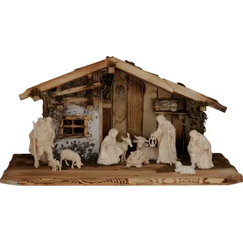 Vánoční dekorace Ornatis Sestava betlému Josef - 9 postav Provedení: Přírodní bez malování, Velikost stojících figur dospělých postav: 8 cm, Rozměr chlévu: 50 x 25 cm (š x h) - vhodné pro sošky 8 cm