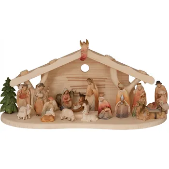 Vánoční dekorace Ornatis Dřevěná sestava Betlému Josef I - 20 figurek Provedení: Přírodní bez malování, Velikost stojících figur dospělých postav: 10 cm, Rozměr chlévu: 47 x 19 cm (š x h) - vhodné pro sošky 10 Dřevěný ručně malovaný betlém