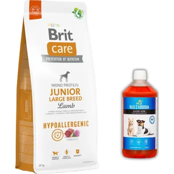 Krmivo pro psa BRIT CARE Dog Hypoallergenic Junior Large Breed Lamb 12kg + LAB V Lososový olej pro psy a kočky 500ml