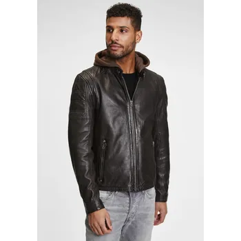 Pánská casual bunda Tmavě hnědá kožená pánská bunda s textilní kapucí RYLO Velikost M