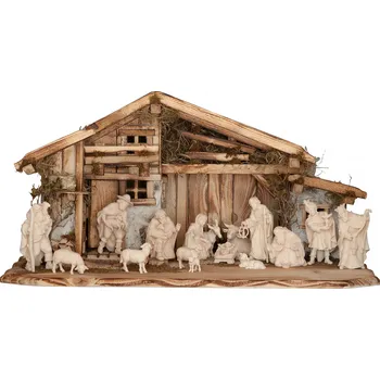 Vánoční dekorace Ornatis Sestava betlému Josef - 16 postav Provedení: Přírodní bez malování, Velikost stojících figur dospělých postav: 8 cm, Rozměr chlévu: 55 x 27 x 25 cm(š x h x v) - vhodné pro sošky 8 cm