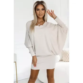 Dámské šaty Numoco dámské netopýří svetrové šaty s výstřihem 402-7 béžová XXL/XXXL