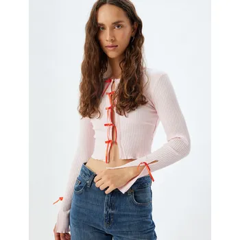 Pánské tričko Koton Bow Crop Cardigan Ribbed Slim Fit Long Sleeve Round Neck Cotton Koton šedá 2974718