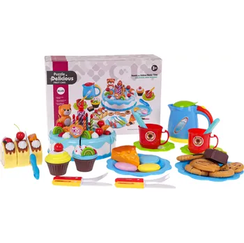Dětská kuchyňka Dětská narozeninová sada s dortem a čajovým servisem – Modrá