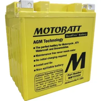 Motobaterie Motobatt MBTX30U, 34 Ah (34 Ah/12V; 440 A166x126x175 (192) mm; pol. 0,1Prémiové motocyklové baterie MOTOBATT s technologií AGM v konstrukčním řešení QuadFlex, které poskytuje velkou variabilitu pro montáž baterie.)