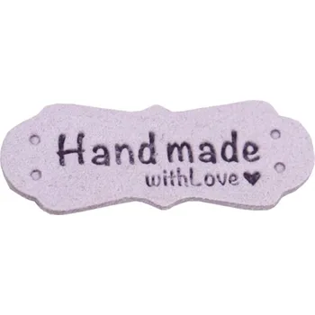 Dárková visačka Pro Háčkování Hand Made koženková cedulka se srdíčkem 15x40 mm světle fialová