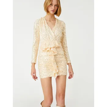 Dámské šaty Koton s dlouhým rukávem flitry volán mini večerní šaty Koton bílá | krémová | vícebarevná 2082813