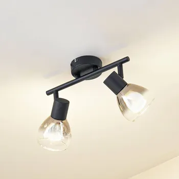 Stropní svítidlo Lindby Pendura, 2 světla, černá, sklo - Stínítka - Ø 9 cm, výška 8 cm; stříška - Ø 8 cm, výška 2,5 cm kouřově šedá, černá matná 2 x 10 W LED