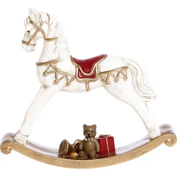 Vánoční dekorace Krémová dekorace vintage houpací koník s medvídkem - 14*3*13 cm