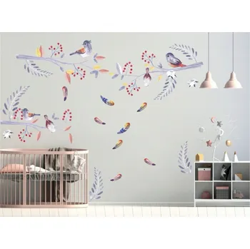 Samolepící dekorace Moderní nálepka na zeď s efektem vodových barev ptáčky a jeřabina 80 x 160 cm 46044_104639