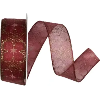 Stuha Stuha vánoční taftová SKYSCRAPER CARDINAL bordó 25mm x 2m (13,-Kč/m) (Stuha vánoční taftová transparentní, potisk se zlatým glitrem, s vlascem v lemu)