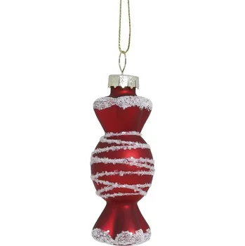 Vánoční dekorace Červenobílá skleněná vánoční ozdoba bonbón - Ø 3,5*8,5cm