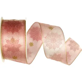 Stuha Vánoční stuha Winter Elegance – Blush Gold 40mm x 2m (16,-Kč/m) (Vánoční stuha taftová, barva růžová, jemný zlatý potisk, transparentní, s drátkem v lemu)
